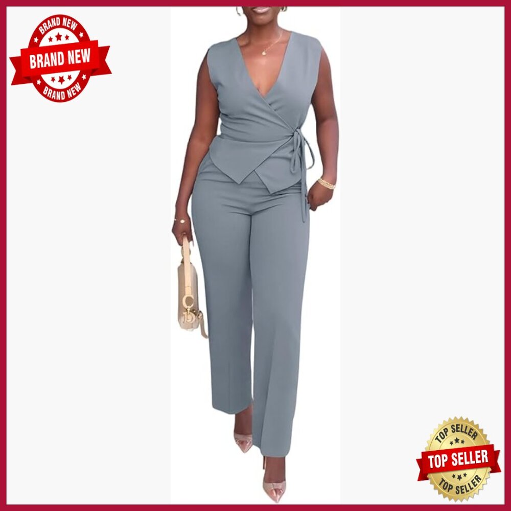 Women's 2-Piece Pant Suit Set, V-Neck Vest & Tailored Pants, Business Casual